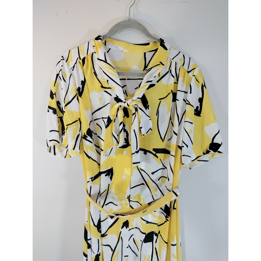 Vintage ILGWU Union Made Yellow Abstract Floral Tie Neck Midi Dress